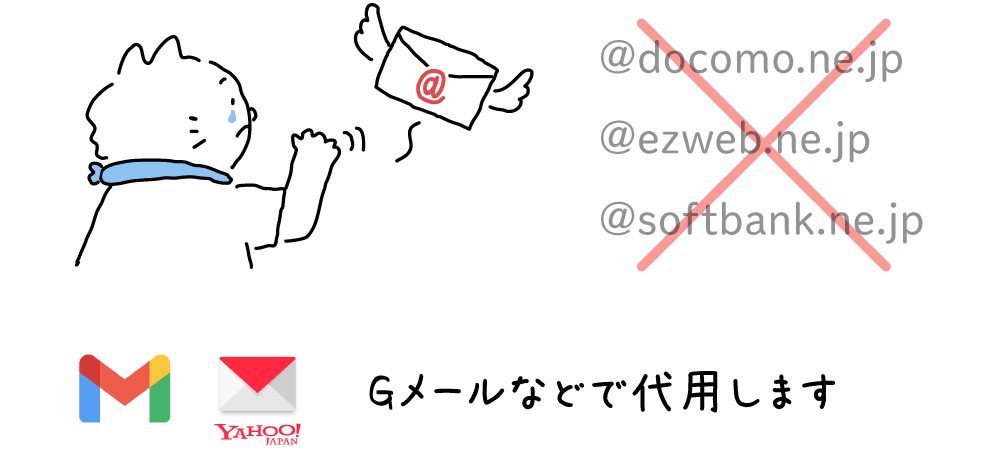 メールアドレスとの別れを惜しむ猫。@docomo.ne.jp、@ezweb.ne.jp、@softbank.ne.jpにバツ印。Gメールなどで代用します。