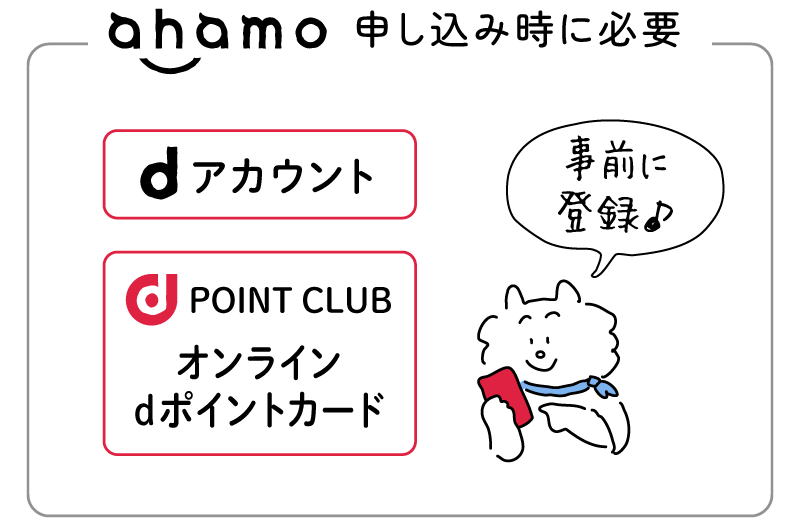 ahamo申込時に必要：「dアカウント」「dポイントクラブ・オンラインdポイントカード」。