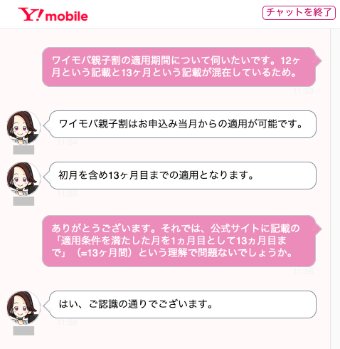 問い合せチャット内容