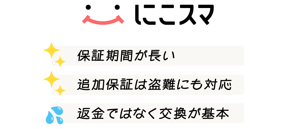 保証期間が長い。追加保証は盗難にも対応。返金ではなく交換が基本。